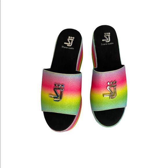 Shane Justin Rainbow Glitter Platform Rave Slides 7 - Picture 4 of 8